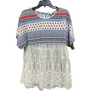 Grace and Lace Blouse Women M Blue Red Boho Embroidered Sheer Lace Tunic Blouse